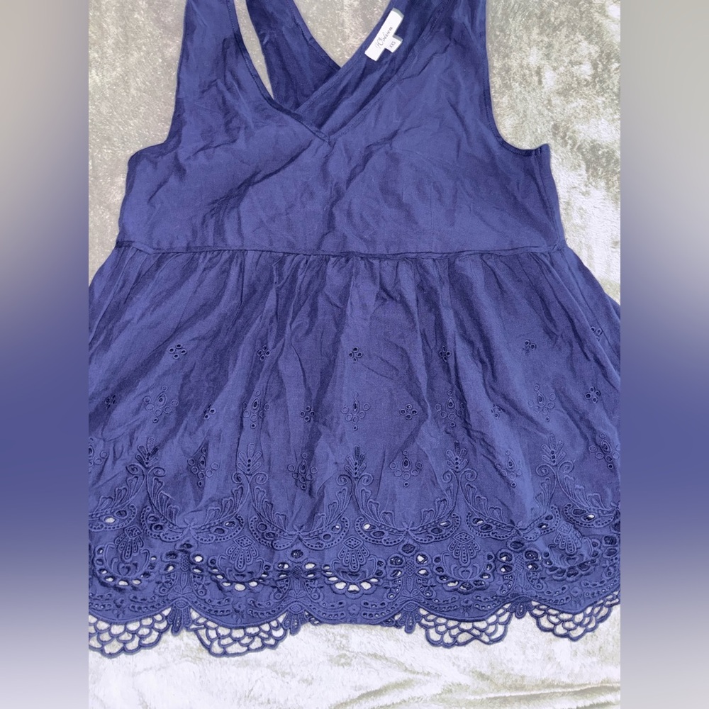 Wolven size Xs blue mini dress pants, sleeveless with crisscross straps on back